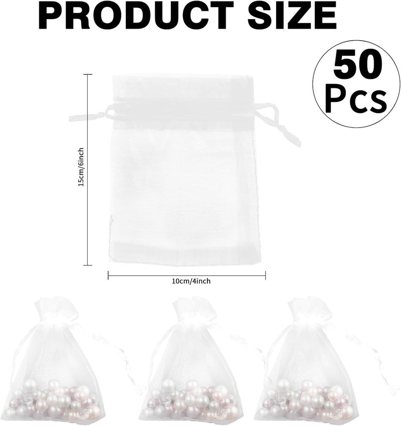 BOEIAC White Organza Bags - 50 Pcs, Sheer 4 x 6 Inch, Jewelry & Party Favor Bags with Drawstring, Mesh Gift Pouches for Wedding, Valentine's Day Party - Image 2